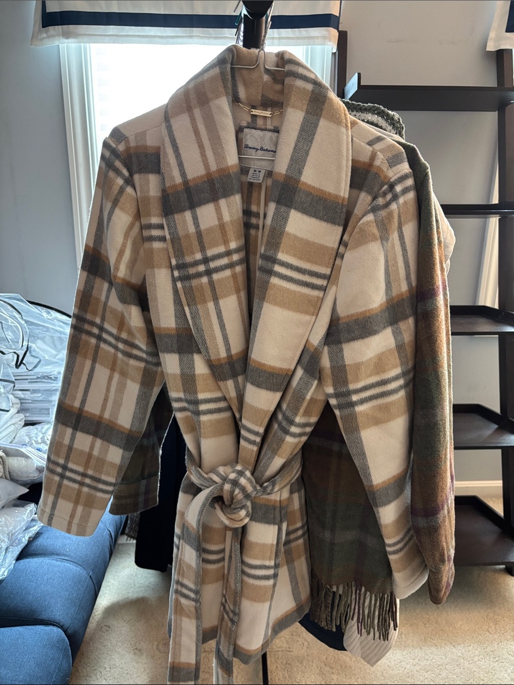 Tommy Bahama Plaid Shawl-Collar Belted Trench Coat - Cream, Tan & Gray